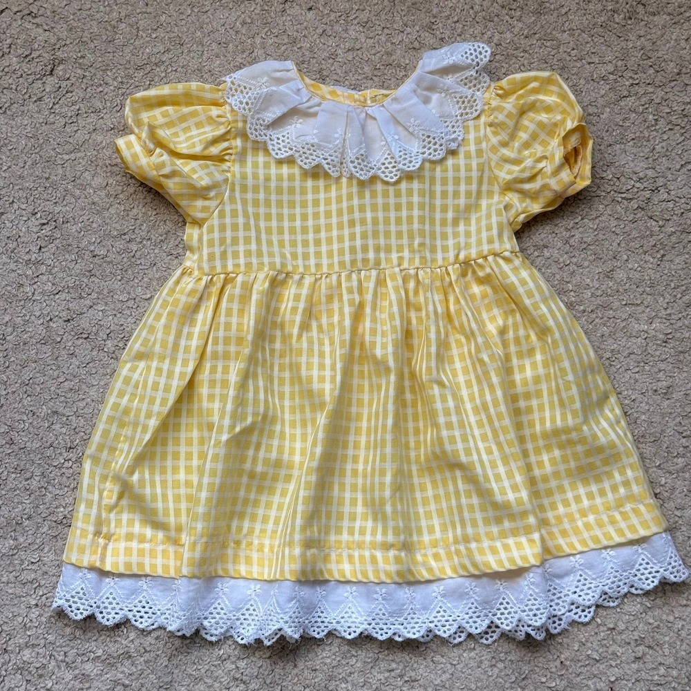 Vintage Yellow Gingham Check Eyelet Lace Collar Puff Sleeve Dress Toddler Girl